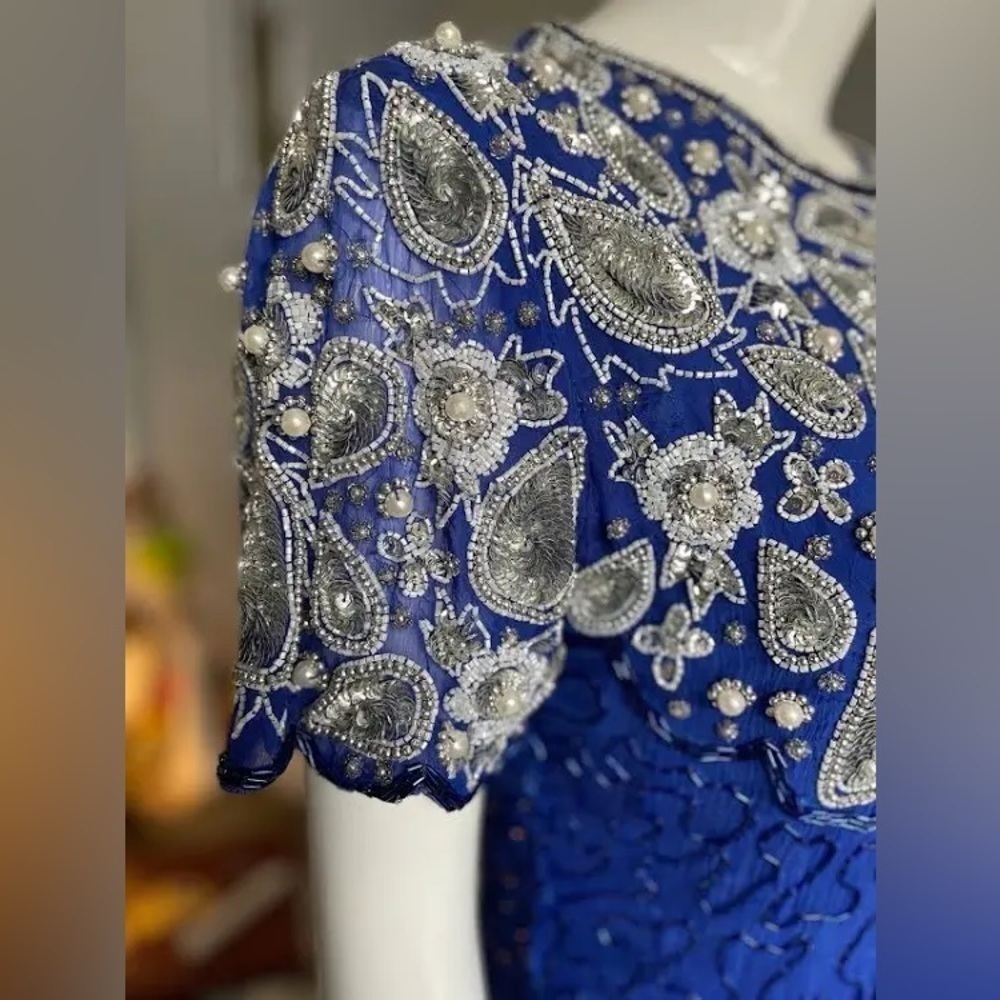 Vintage Laurence Kazar, Vibrant Beaded Blue Formal Cocktail Dress, Stunning! - Picture 8 of 8